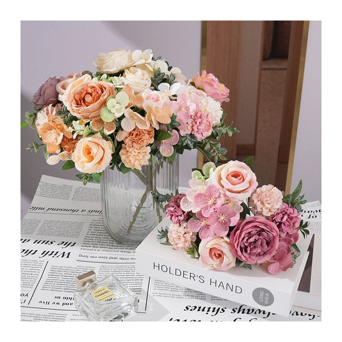 Uflower Künstlicher Blumenstrauß mit 7 Köpfen aus Seide in Beige und Mehrfarbig für Hochzeit und Dekoration - Bild 1