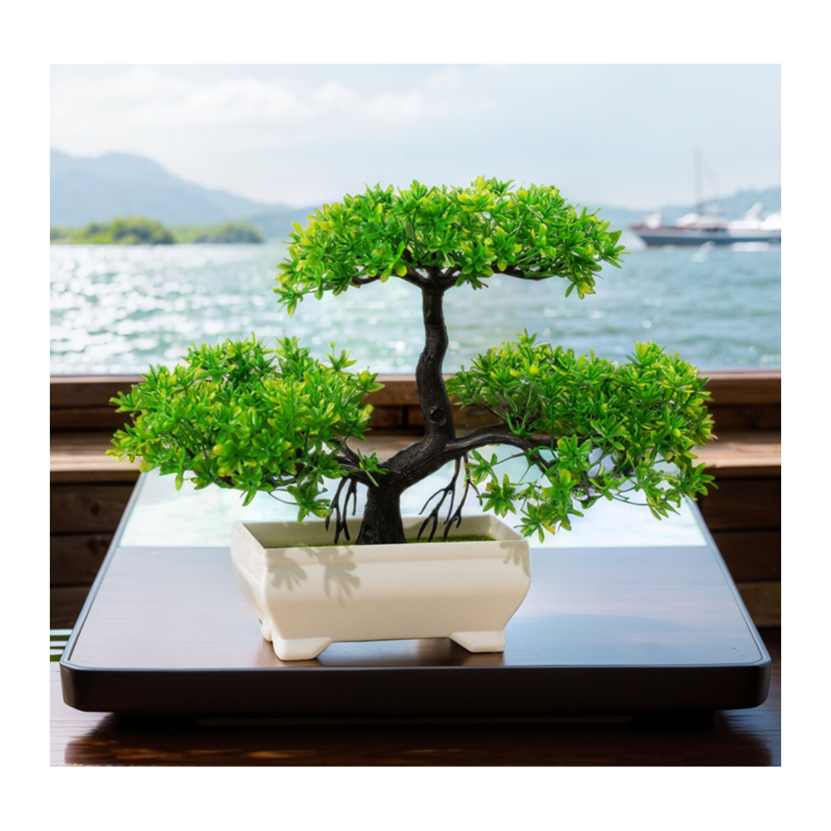 Uflower Künstlicher Bonsai Baum in Grün als Topfpflanze aus Kunststoff für Home Decor und Garten - Bild 1