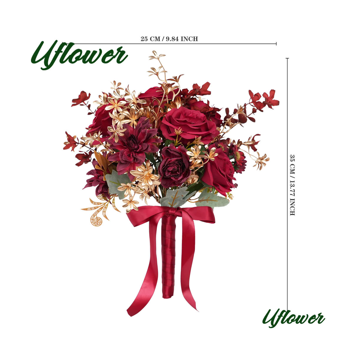 Uflower Künstlicher Brautstrauß aus Seide in Rot und Gold für Hochzeiten und rustikale Dekorationen - Bild 2