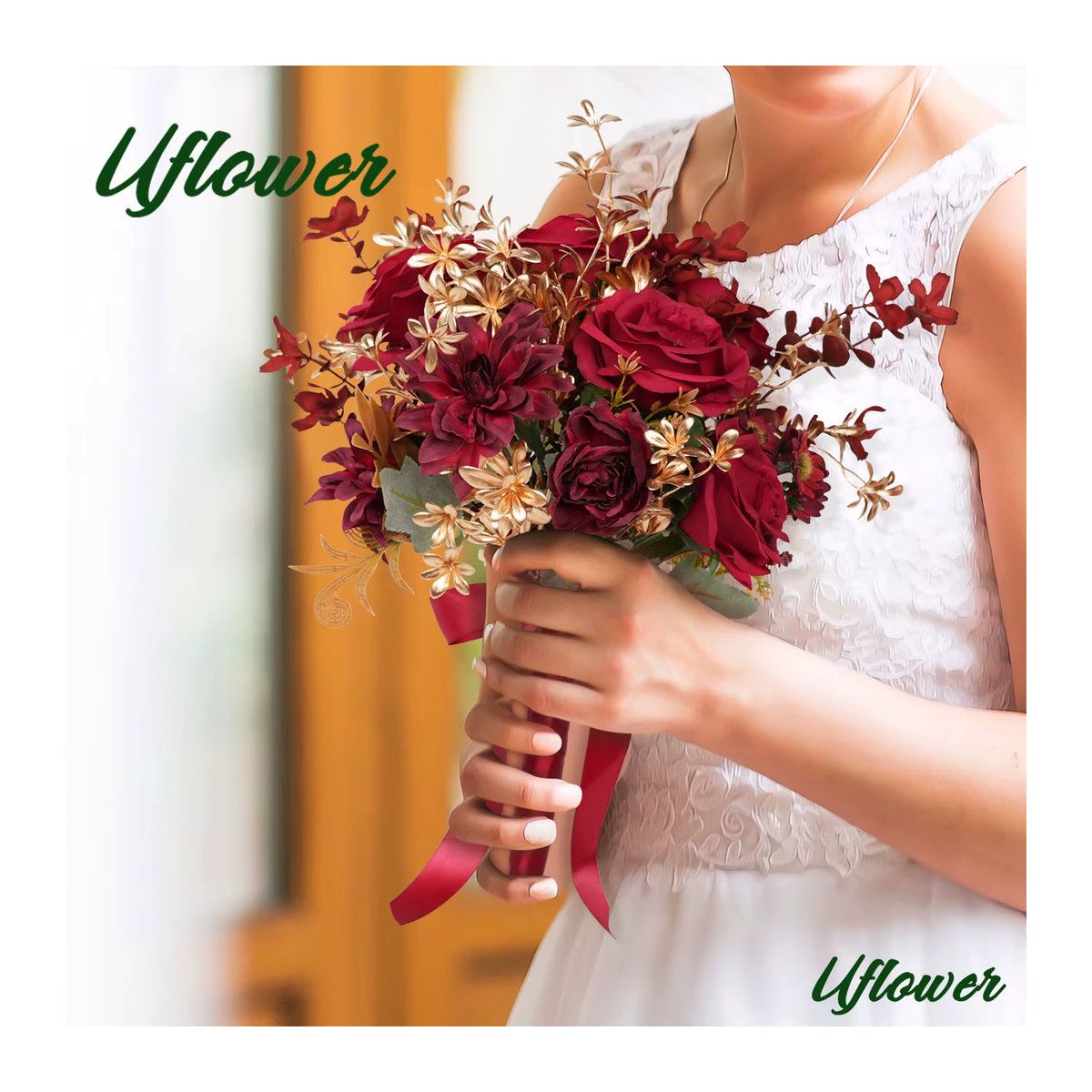 Uflower Künstlicher Brautstrauß aus Seide in Rot und Gold für Hochzeiten und rustikale Dekorationen - Bild 3