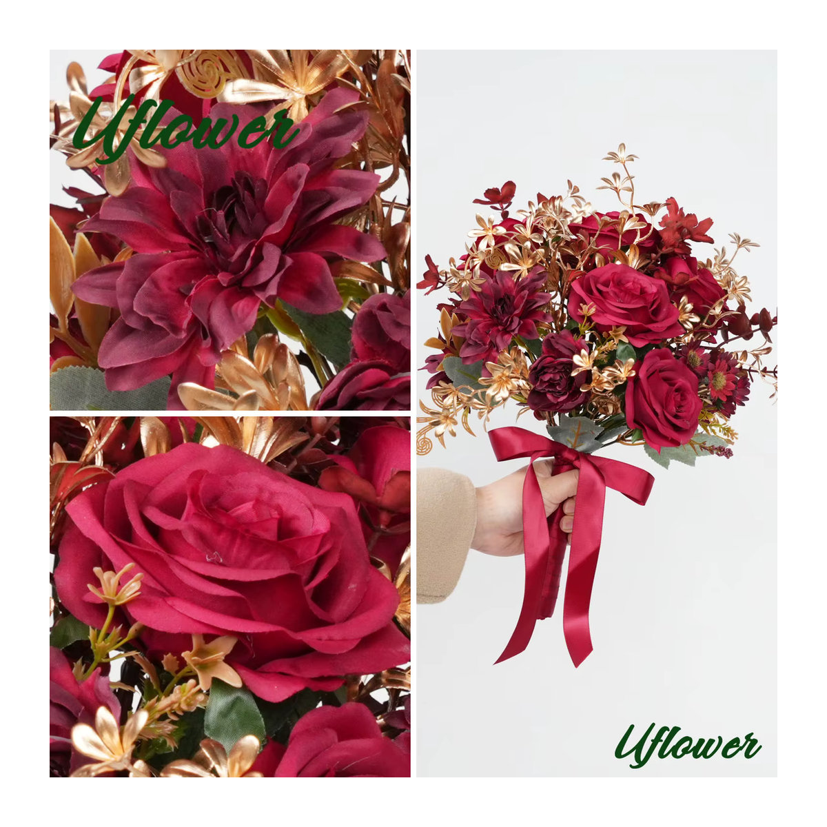 Uflower Künstlicher Brautstrauß aus Seide in Rot und Gold für Hochzeiten und rustikale Dekorationen - Bild 4