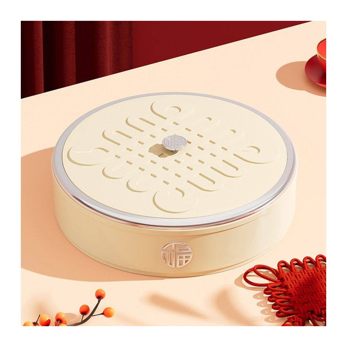 UFORU Aufbewahrungsbox für Snacks und Pralinen in Rot und Creme, rundes Tablett im orientalischen Design aus Kunststoff - Bild 1