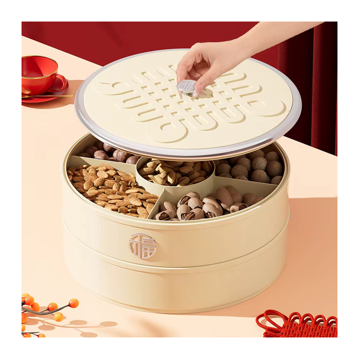 UFORU Aufbewahrungsbox für Snacks und Pralinen in Rot und Creme, rundes Tablett im orientalischen Design aus Kunststoff - Bild 2