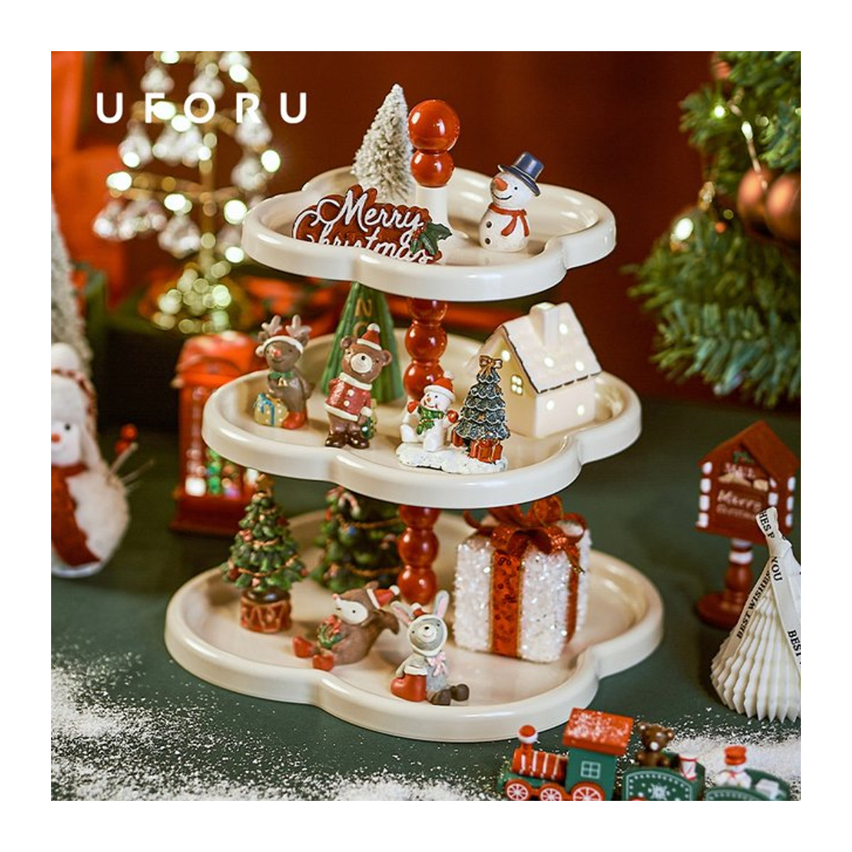 UFORU Keramik Obsttablett in Beige und Weiß, mehrstöckiges Desserttablett mit unregelmäßiger Form für Kuchen und Weihnachtsdekoration - Bild 1