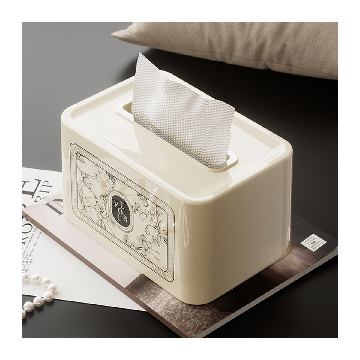UFORU Luxus Taschentuchbox in Creme mit abstraktem Design aus Kunststoff für Wohnzimmer und Esstisch - Bild 1