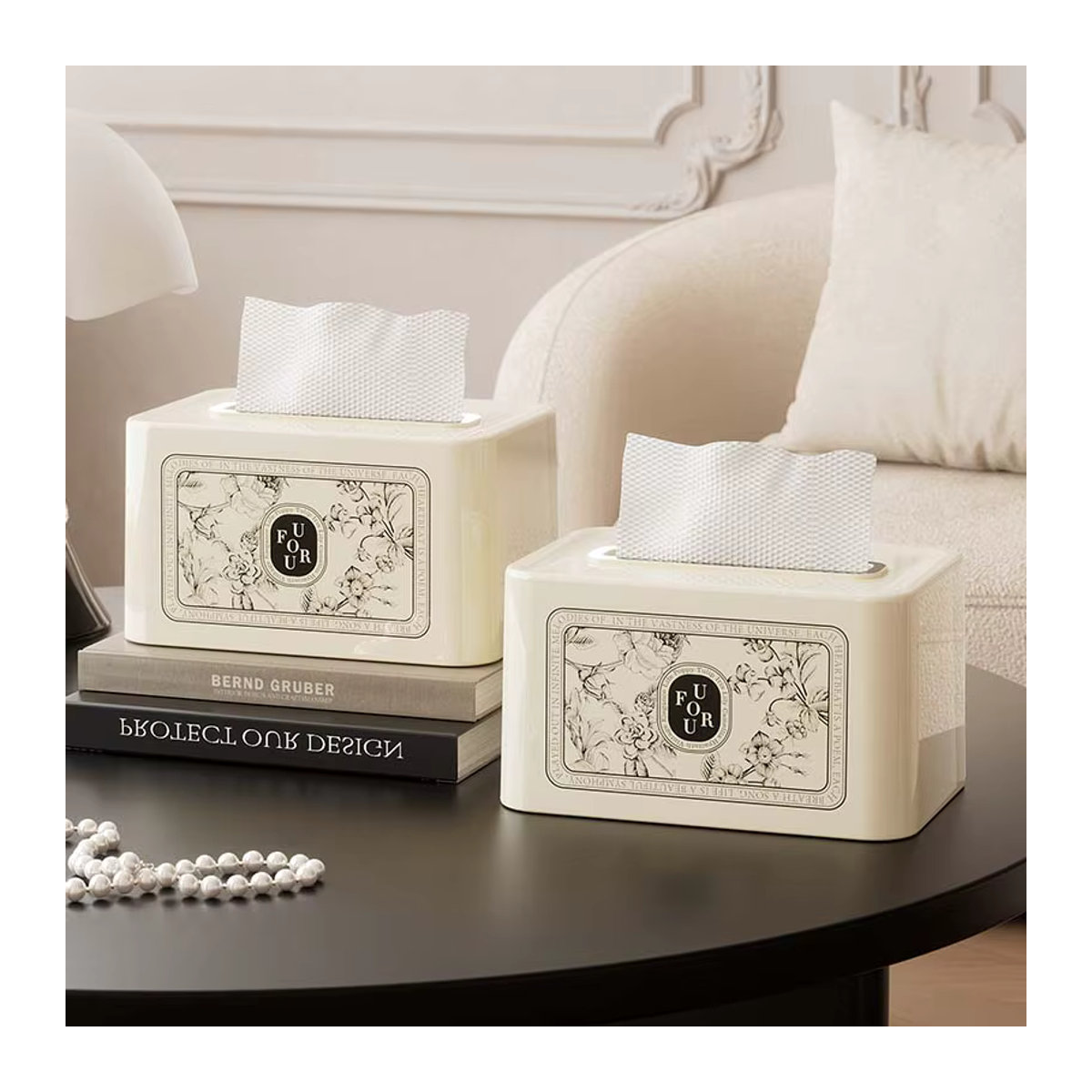 UFORU Luxus Taschentuchbox in Creme mit abstraktem Design aus Kunststoff für Wohnzimmer und Esstisch - Bild 2
