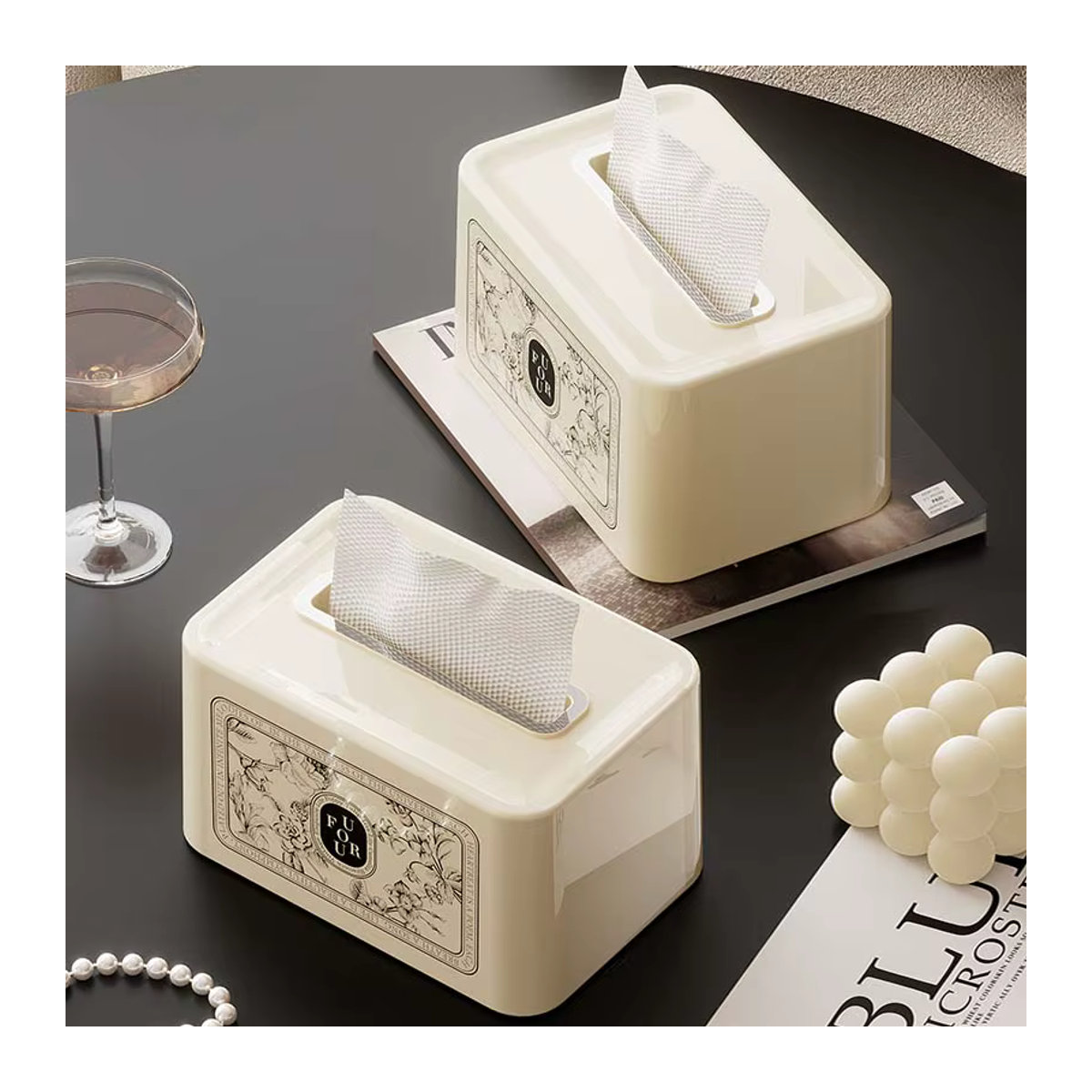 UFORU Luxus Taschentuchbox in Creme mit abstraktem Design aus Kunststoff für Wohnzimmer und Esstisch - Bild 4