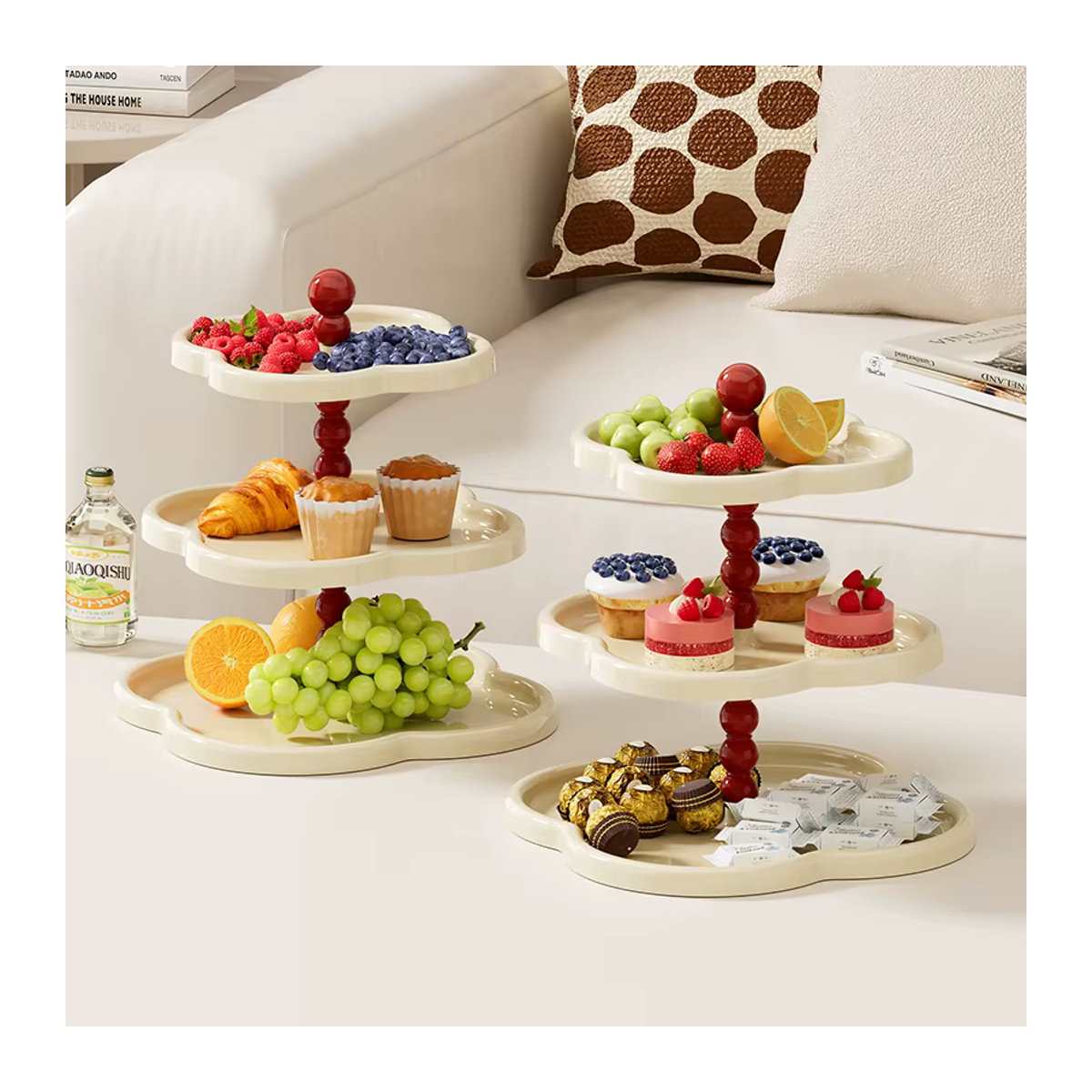 UFORU Mehrstöckiges Keramik-Obsttablett in Creme und Weiß für Nachmittagstee und Desserts - Bild 2