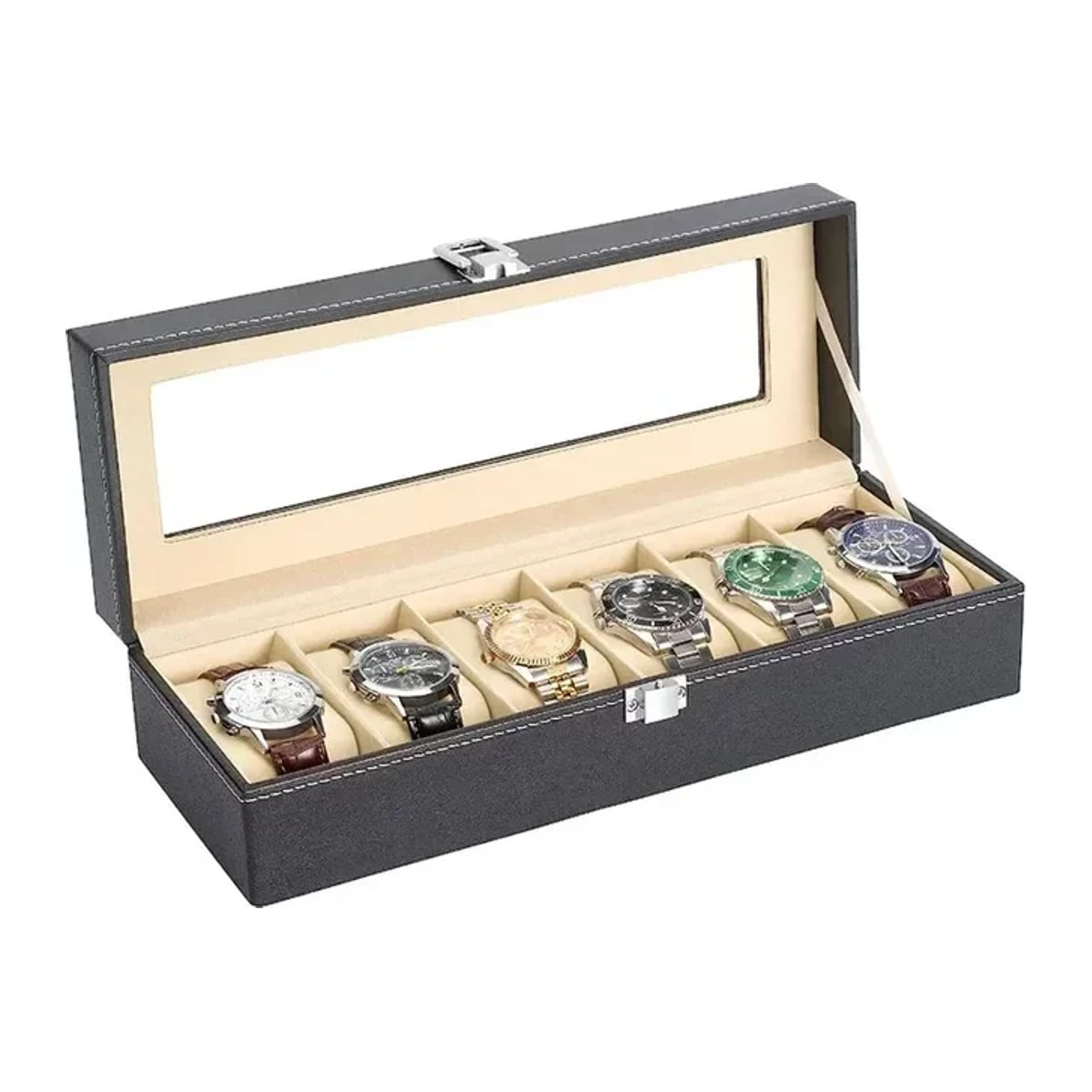 Uhren-Organizer von CAOWTAN aus schwarzem PU-Leder mit Glasgehäuse als Reise-Aufbewahrungsbox für Uhren und Schmuck - Bild 1