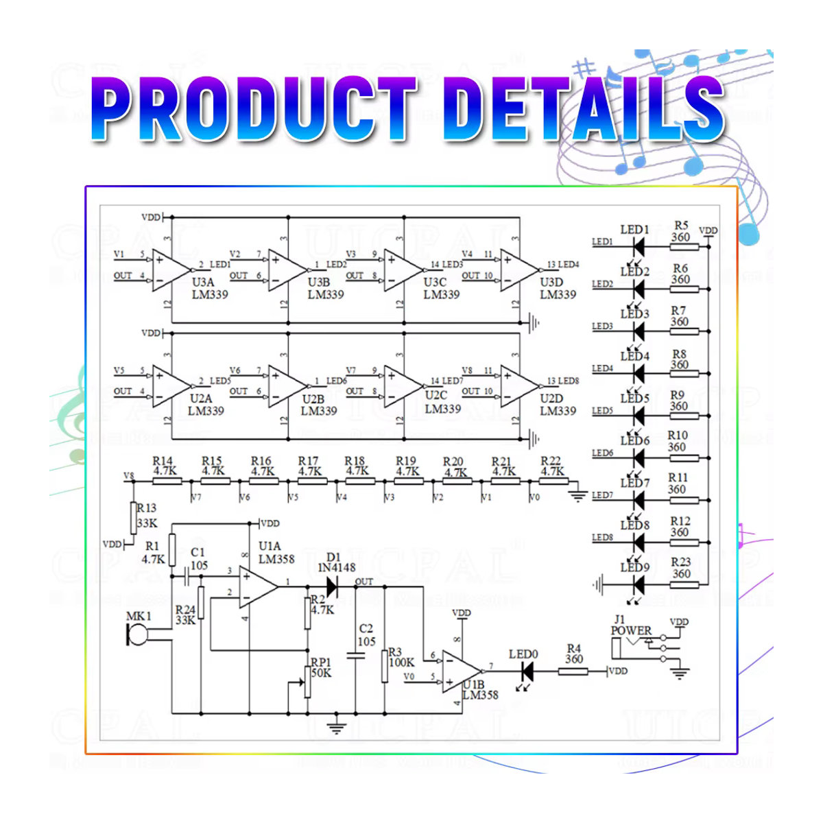 UICPAL DIY LED Musik Spektrum Audio Display Kit mit Kristallspalte und LM358 LM339 Chips, mehrfarbig - Bild 5