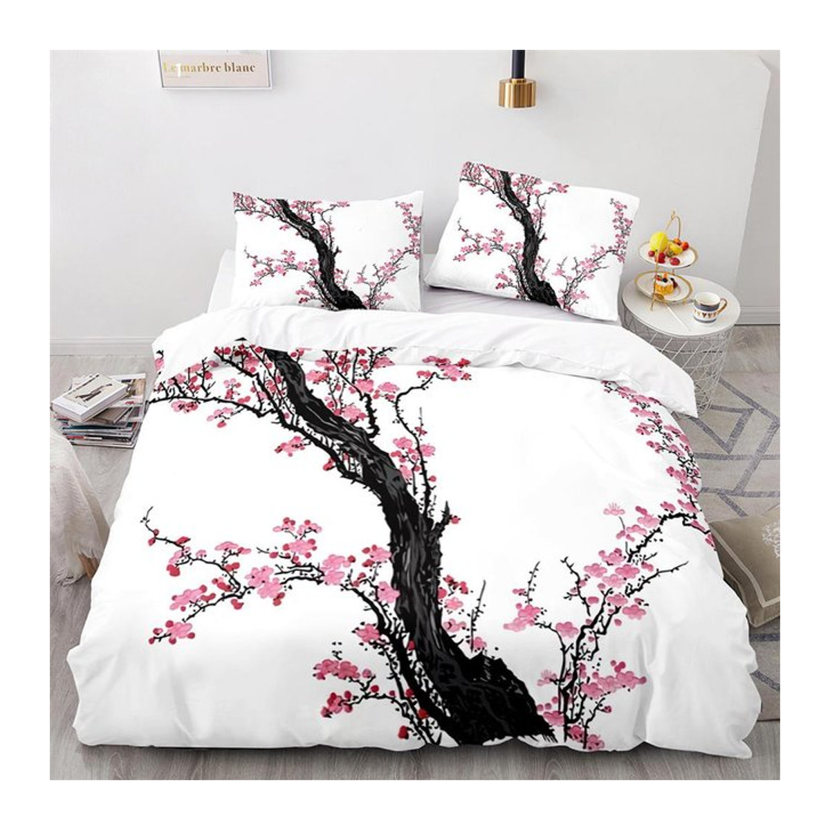 Ukiyo-e Bettwäsche-Set mit Kirschblüten und Schneeberg Motiv aus Polyester, 3-teilig, B/H: 140 x 200 cm - Bild 1