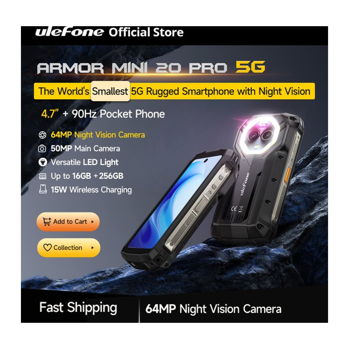 Ulefone Armor Mini 20 Pro 5G Robustes Smartphone mit 4,7 Zoll Display, 64MP Nachtkamera, LED-Licht, Android 14, 6200mAh Akku, 16GB RAM und 256GB ROM - Bild 1