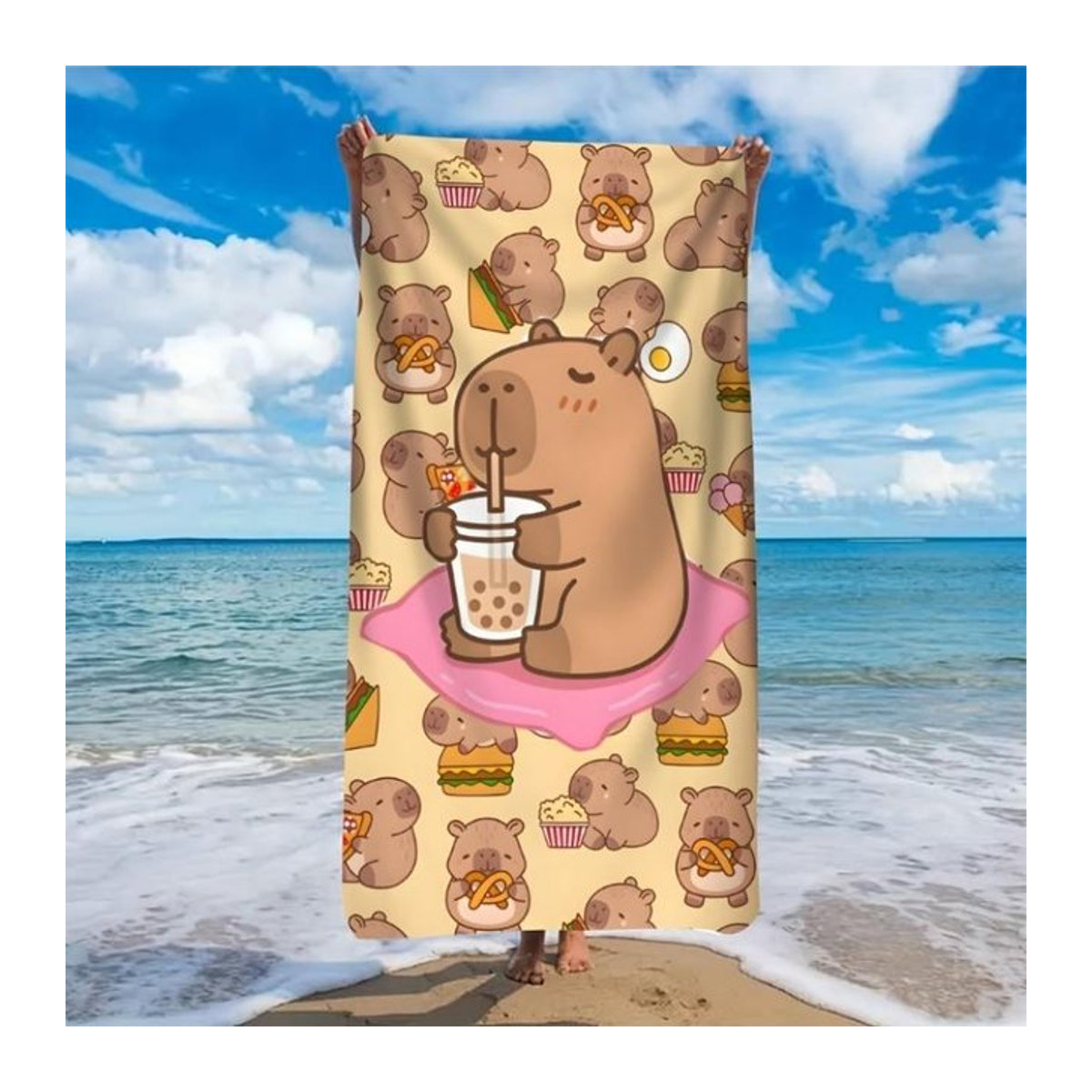 Ultraweiches Strandtuch mit Cartoon-Capybara-Milchtee-Muster von Shanika Chen, Multicolor, Breite: 30 cm, Höhe: 60 cm - Bild 1