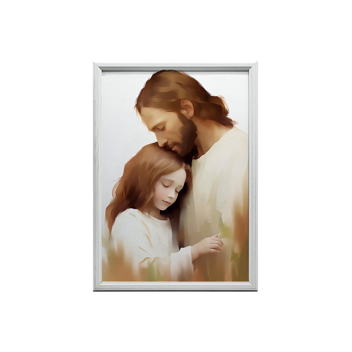 Umarmungen der Liebe - Jesus und das Mädchen Wandbild mit schwarzem Aluminiumrahmen, B: 50 cm, H: 70 cm - Bild 1