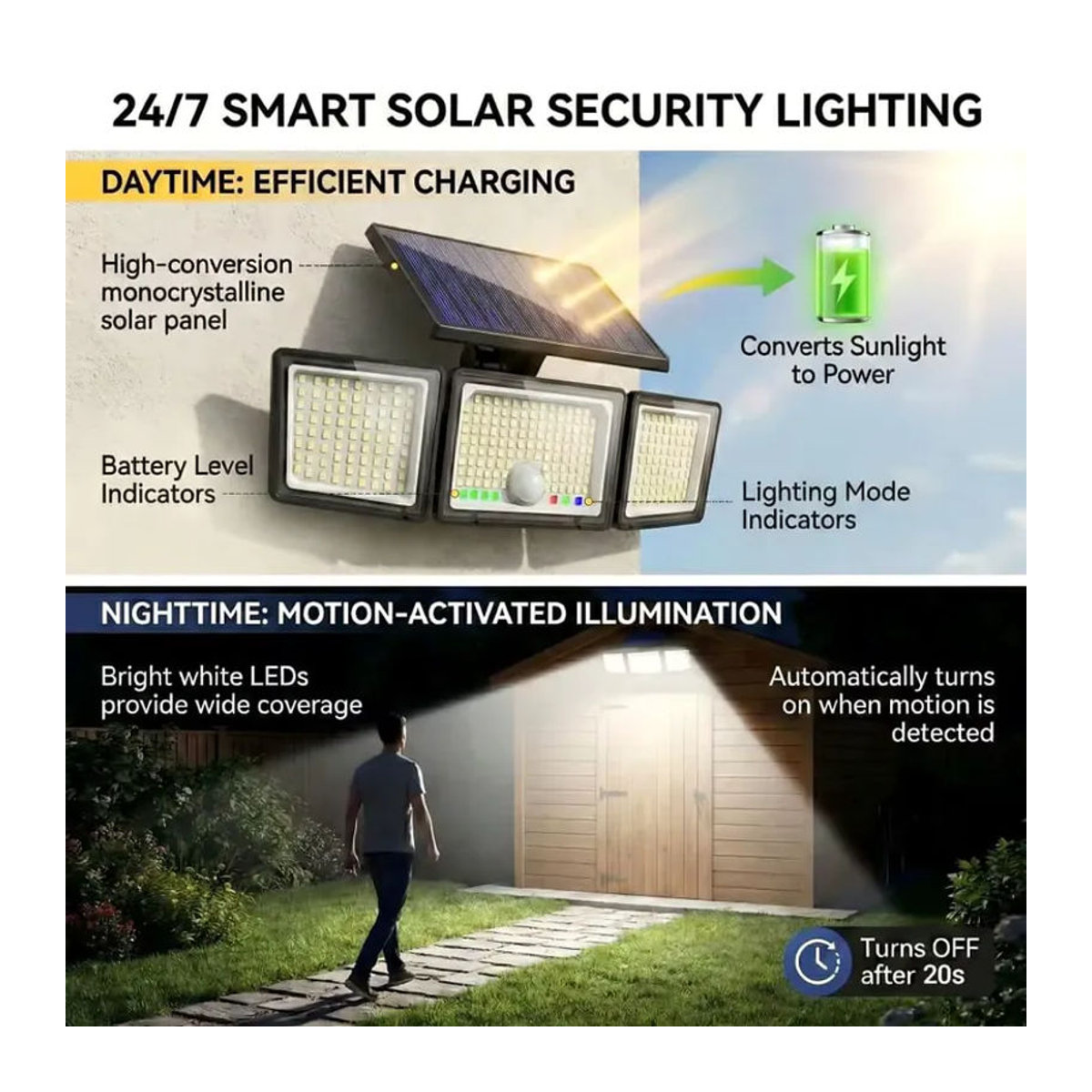 UMEXUS Solar-Außenstrahler mit Bewegungssensor und 286 LED, 3500LM Sicherheitsflutlichter in Schwarz mit IP65 Wasserschutz und visueller Batterieanzeige - Bild 4
