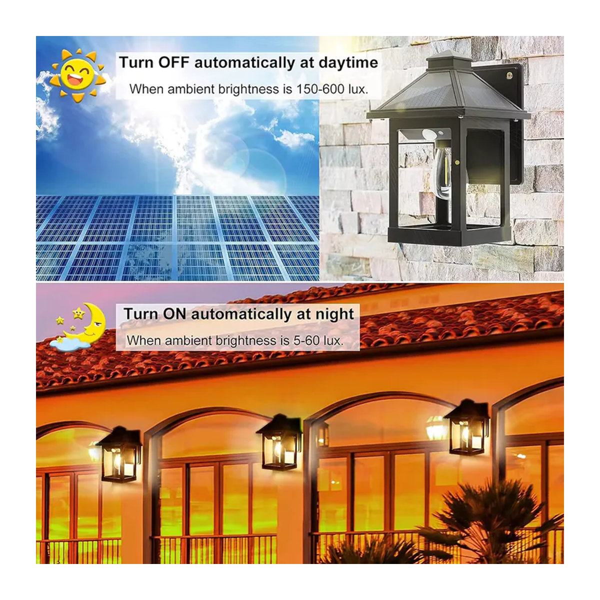 UMEXUS Solar-Wandleuchte für den Außenbereich, LED Wandleuchte in Schwarz, Klassisches Design aus Kunststoff, Wasserdicht mit automatischem Ein-/Ausschalter für Garten, Haus und Terrasse - Bild 3