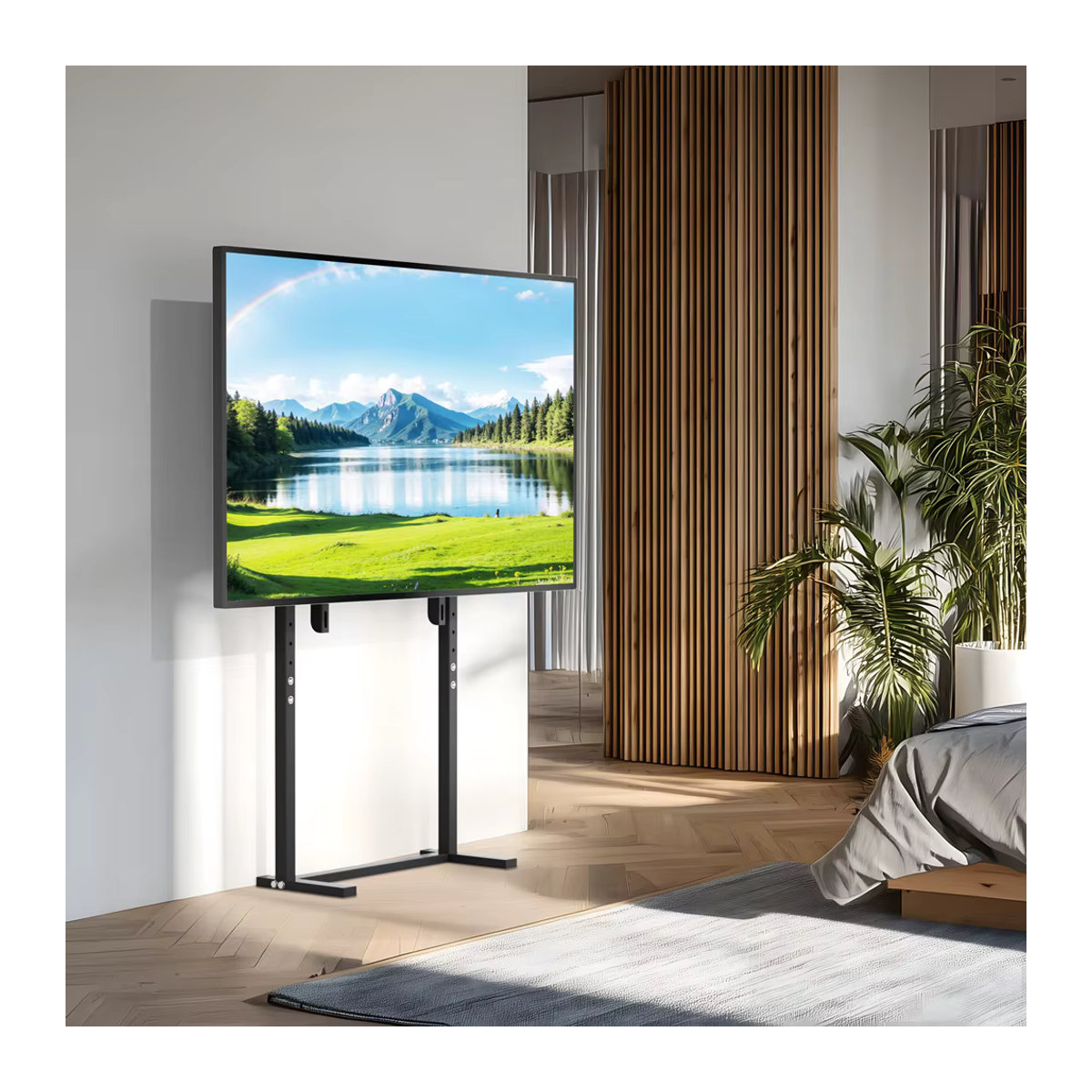 UNHO Mobiler TV-Ständer aus Metall in Schwarz für 32–85 Zoll LED-LCD-Bildschirme mit höhenverstellbarem minimalistischem Design - Bild 3