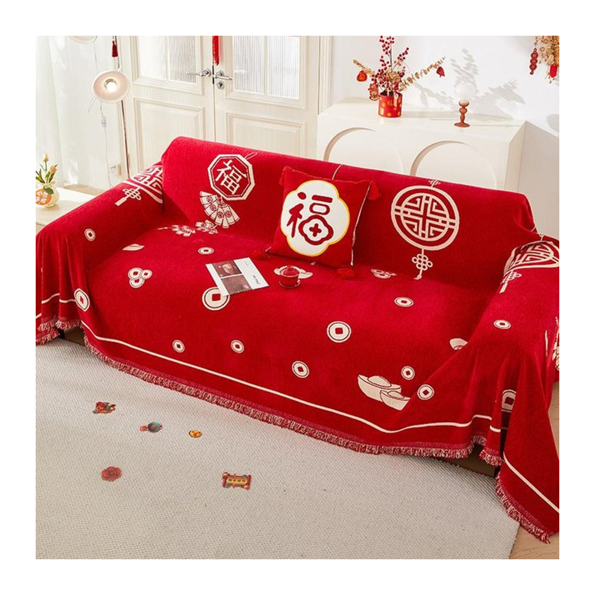 Universal Sofabezug aus Chenille mit Drachenjahr-Design für Dreisitzer-Sofas, B: 180 cm, T: 130 cm - Bild 1