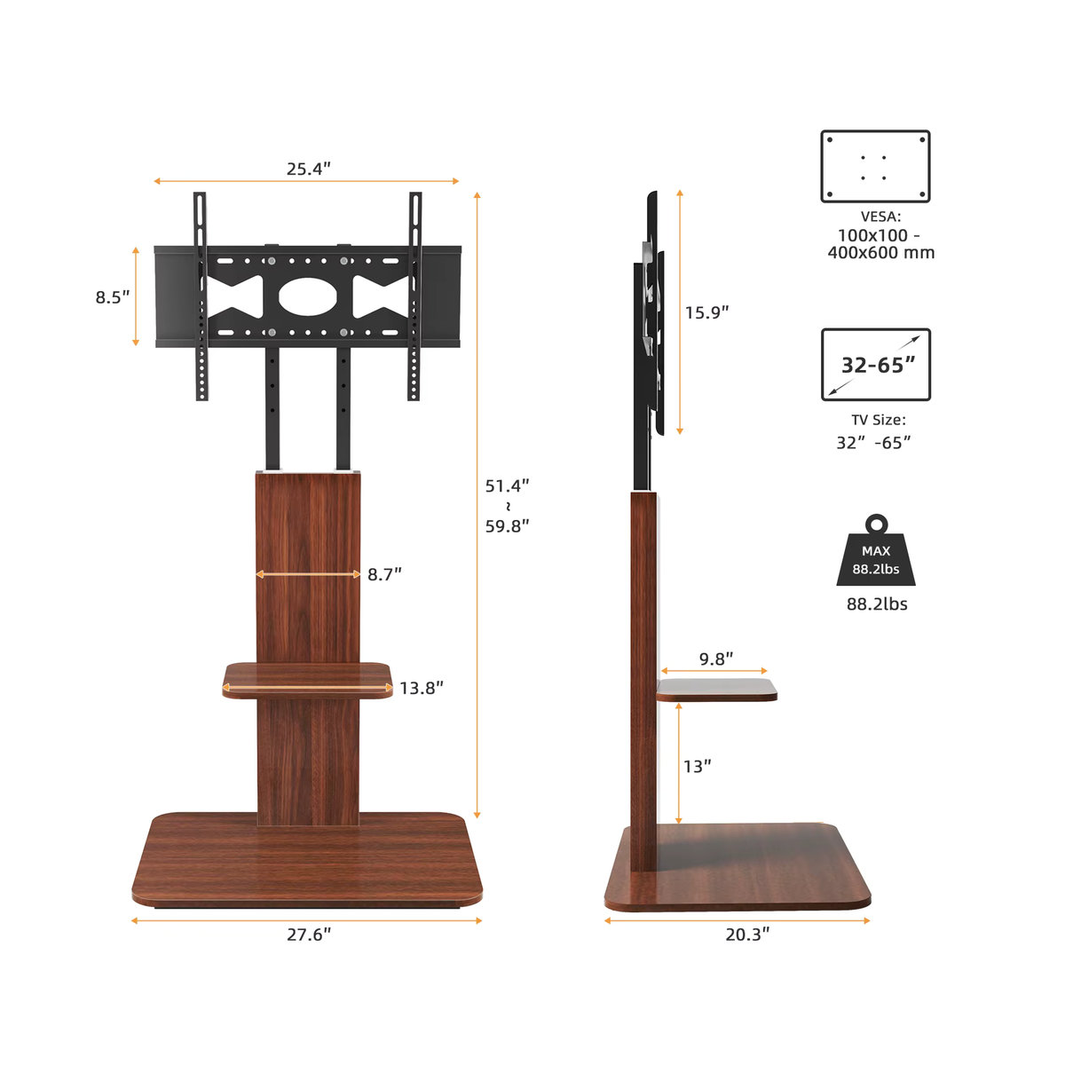 Universal TV Ständer aus Holz in Schwarz oder Braun, höhenverstellbarer Fernseher Standfuss mit Ablage für 32 bis 65 Zoll, VESA 600x400mm, bis max. 40kg Traglast - Bild 2
