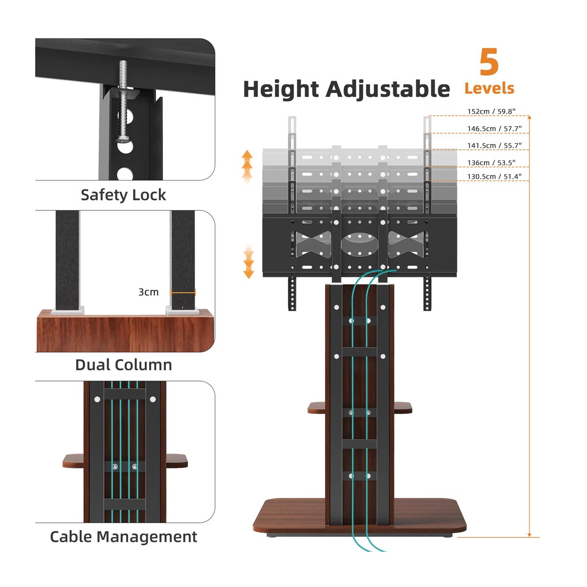 Universal TV Ständer aus Holz in Schwarz oder Braun, höhenverstellbarer Fernseher Standfuss mit Ablage für 32 bis 65 Zoll, VESA 600x400mm, bis max. 40kg Traglast - Bild 3