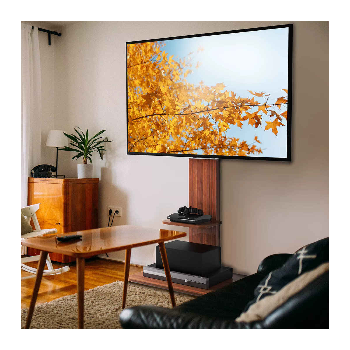 Universal TV Ständer aus Holz in Schwarz oder Braun, höhenverstellbarer Fernseher Standfuss mit Ablage für 32 bis 65 Zoll, VESA 600x400mm, bis max. 40kg Traglast - Bild 5
