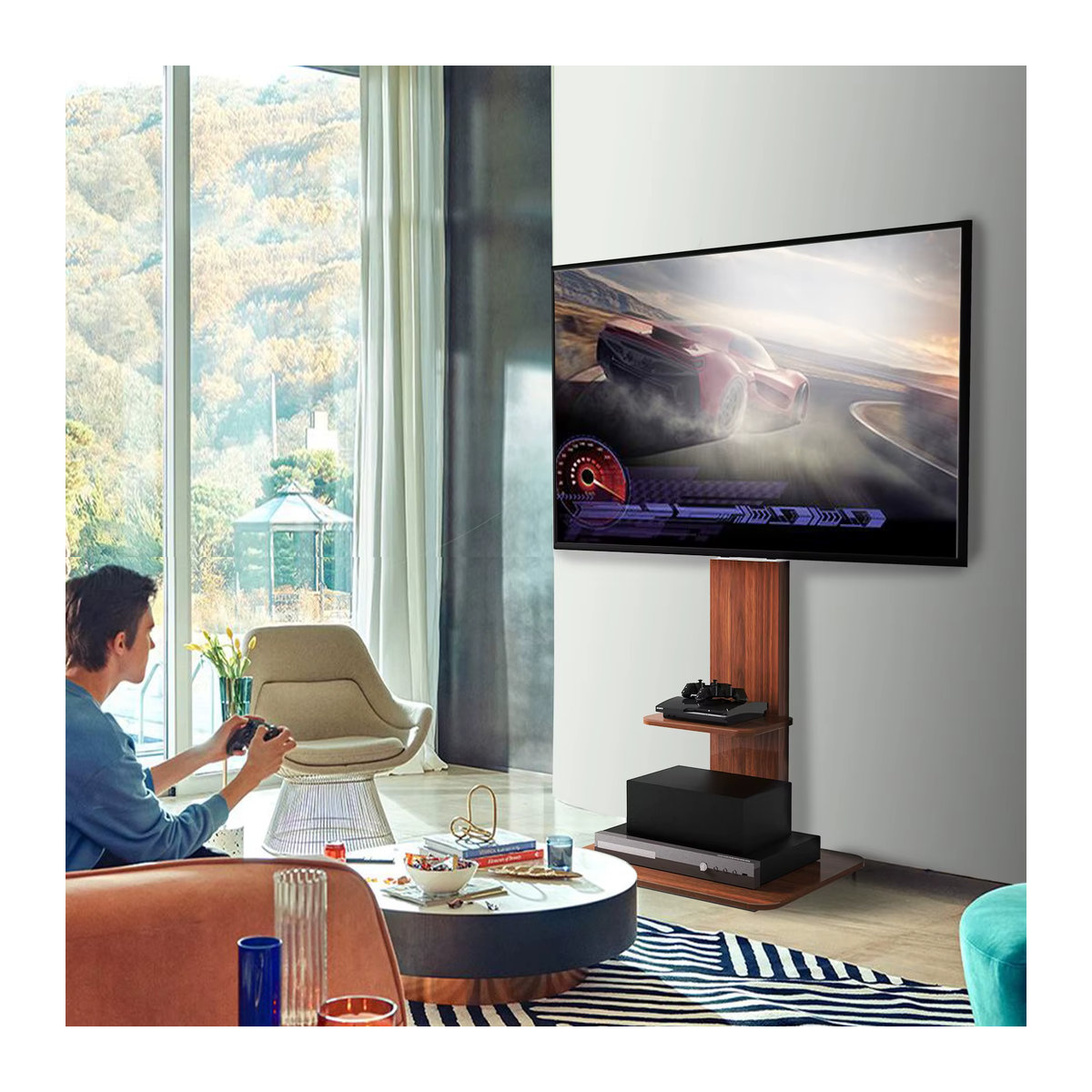 Universal TV Ständer aus Holz in Schwarz oder Braun, höhenverstellbarer Fernseher Standfuss mit Ablage für 32 bis 65 Zoll, VESA 600x400mm, bis max. 40kg Traglast - Bild 6