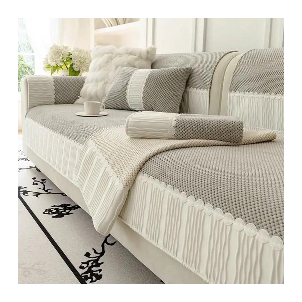 Universelle Sofa Abdeckung aus Leder im Creme Stil für Herbst und Winter, hellgrau, 70 x 70 cm - Bild 1