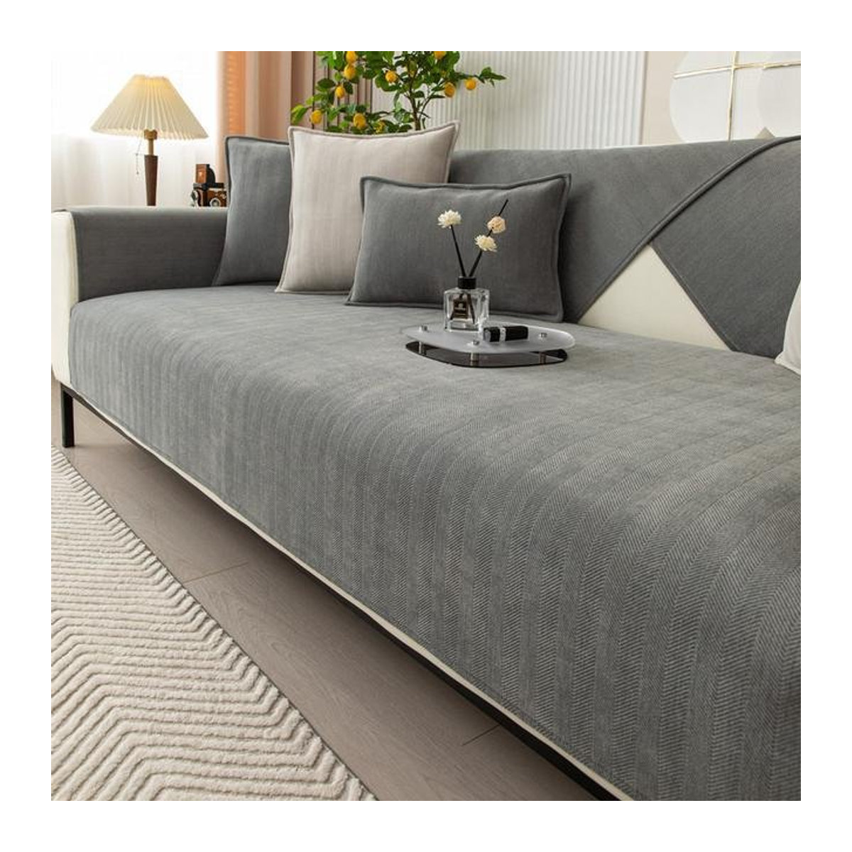 Universeller Sofabezug aus Chenille mit Streifen-Design in Grau, rutschfest für Wohnzimmer-Sofakissen, Armlehnen und Rückenlehnen, B/H: 70 x 70 cm - Bild 1