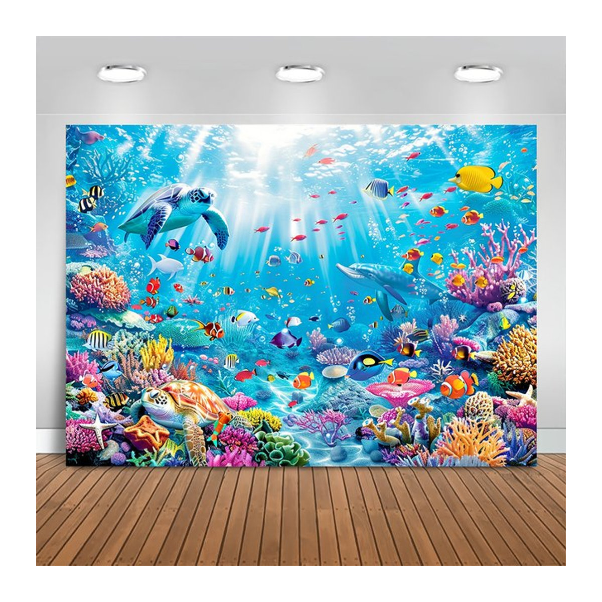 Unterwasser Welt Fotohintergrund mit Meeresmotiven, Fische und Korallen, Multicolor, Vinyl-Banner für Kindergeburtstage und Fotostudios - Bild 1