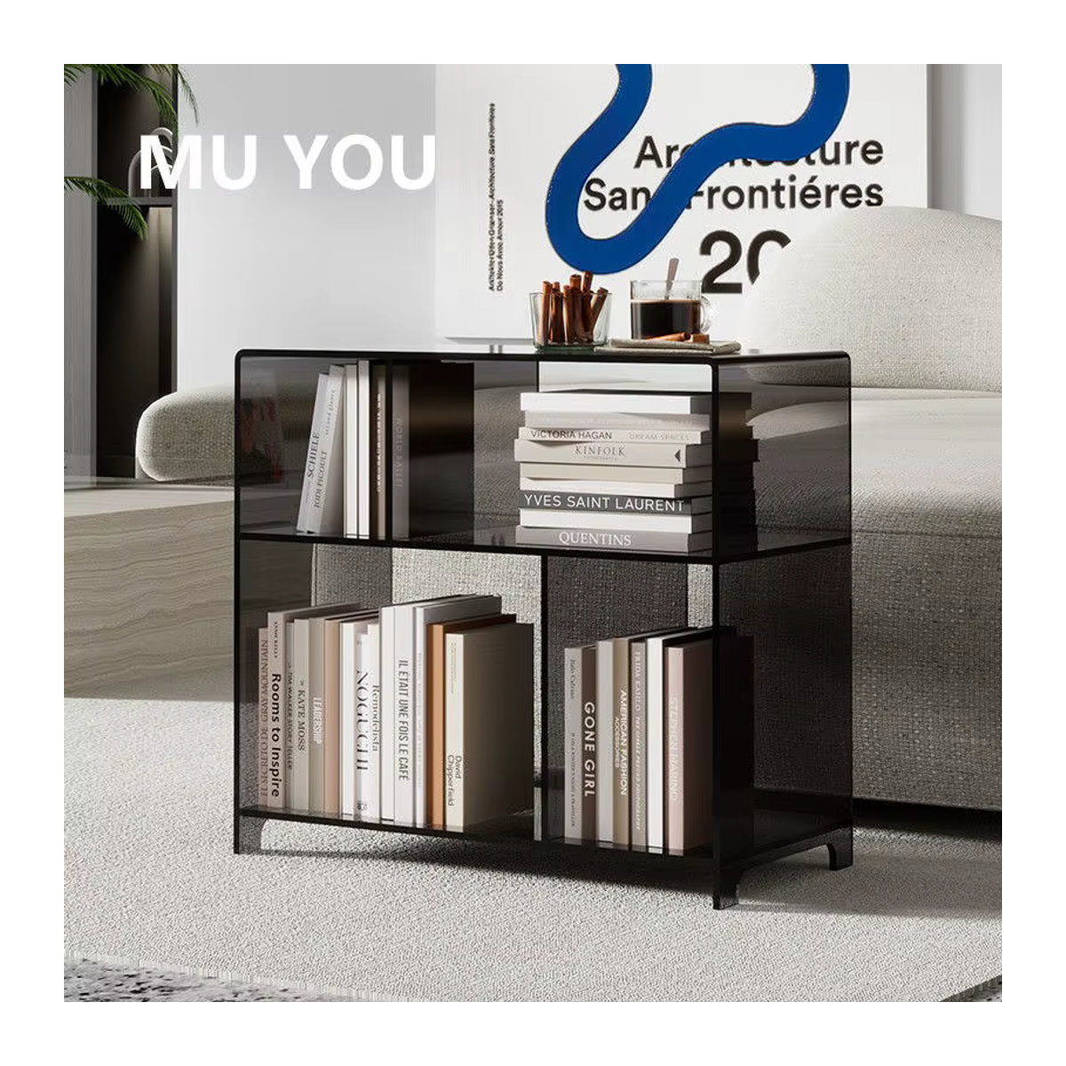 UOSU MOMO Acryl-Bücherregal modern in Grau und Schwarz mit Netzboden und mehrschichtigen Regalen für dein Wohnzimmer - Bild 2
