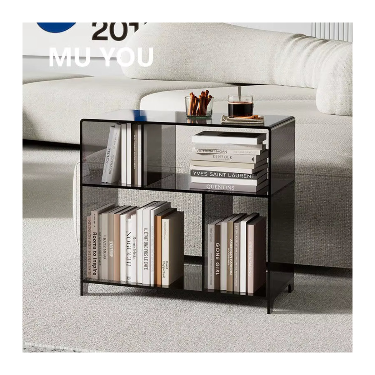 UOSU MOMO Acryl-Bücherregal modern in Grau und Schwarz mit Netzboden und mehrschichtigen Regalen für dein Wohnzimmer - Bild 3