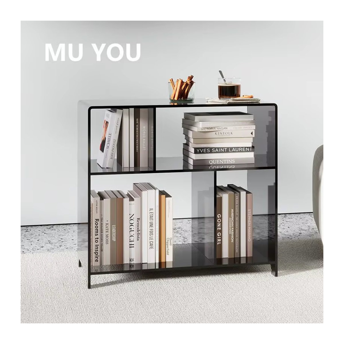 UOSU MOMO Acryl-Bücherregal modern in Grau und Schwarz mit Netzboden und mehrschichtigen Regalen für dein Wohnzimmer - Bild 5