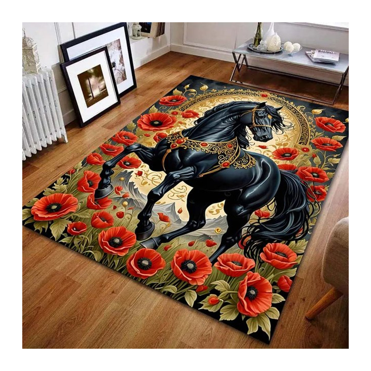 UQIDEHOME Druckteppich mit Blumen- und schwarzem Pferdemotiv für Wohnzimmer und Schlafzimmer, Schwarz, B/T: 60 x 40 cm - Bild 1