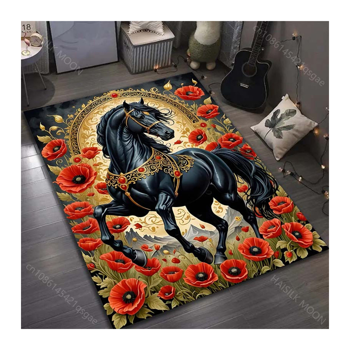 UQIDEHOME Druckteppich mit Blumen- und schwarzem Pferdemotiv für Wohnzimmer und Schlafzimmer, Schwarz, B/T: 60 x 40 cm - Bild 2