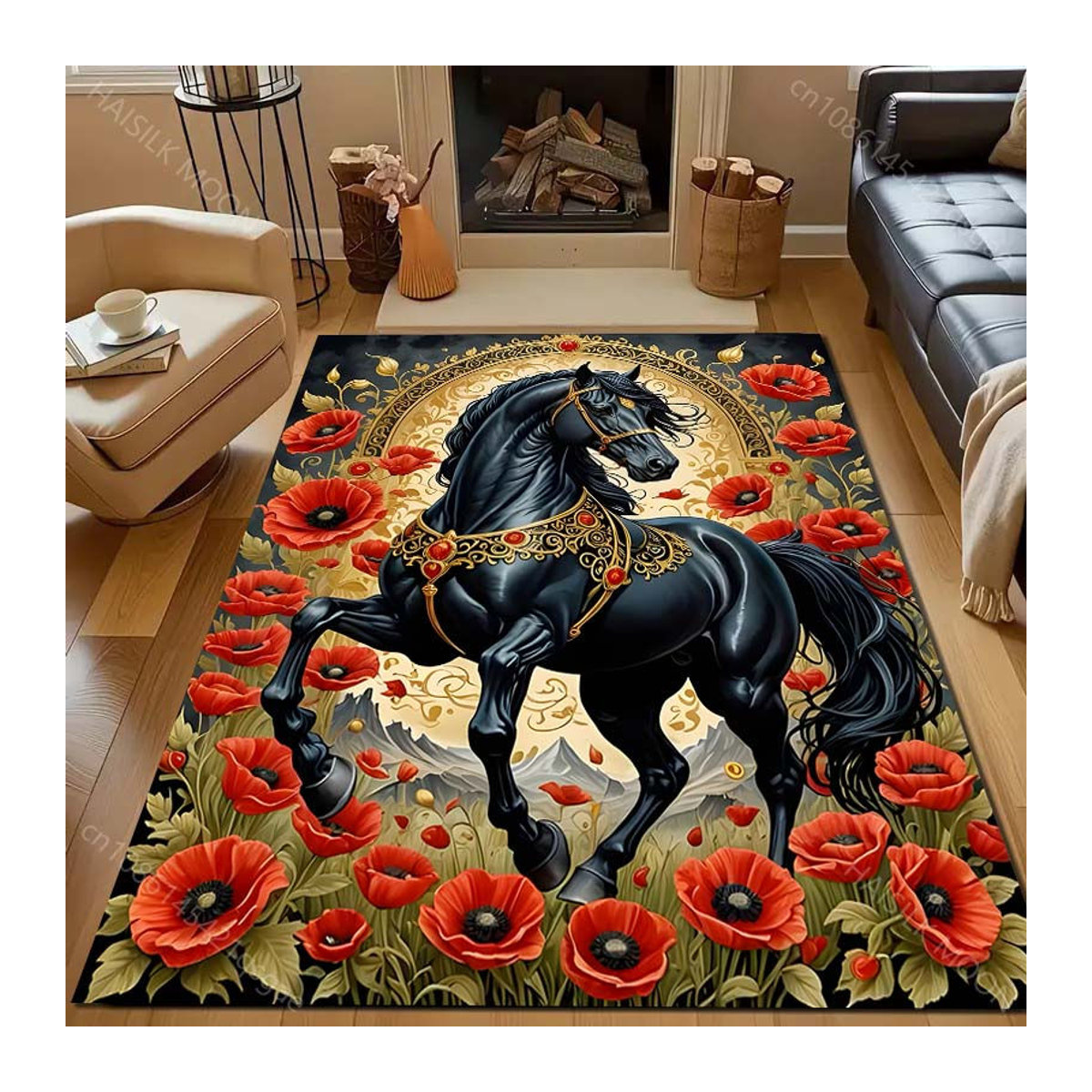 UQIDEHOME Druckteppich mit Blumen- und schwarzem Pferdemotiv für Wohnzimmer und Schlafzimmer, Schwarz, B/T: 60 x 40 cm - Bild 3