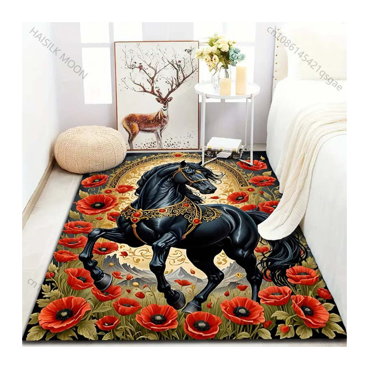 UQIDEHOME Druckteppich mit Blumen- und schwarzem Pferdemotiv für Wohnzimmer und Schlafzimmer, Schwarz, B/T: 60 x 40 cm - Bild 4