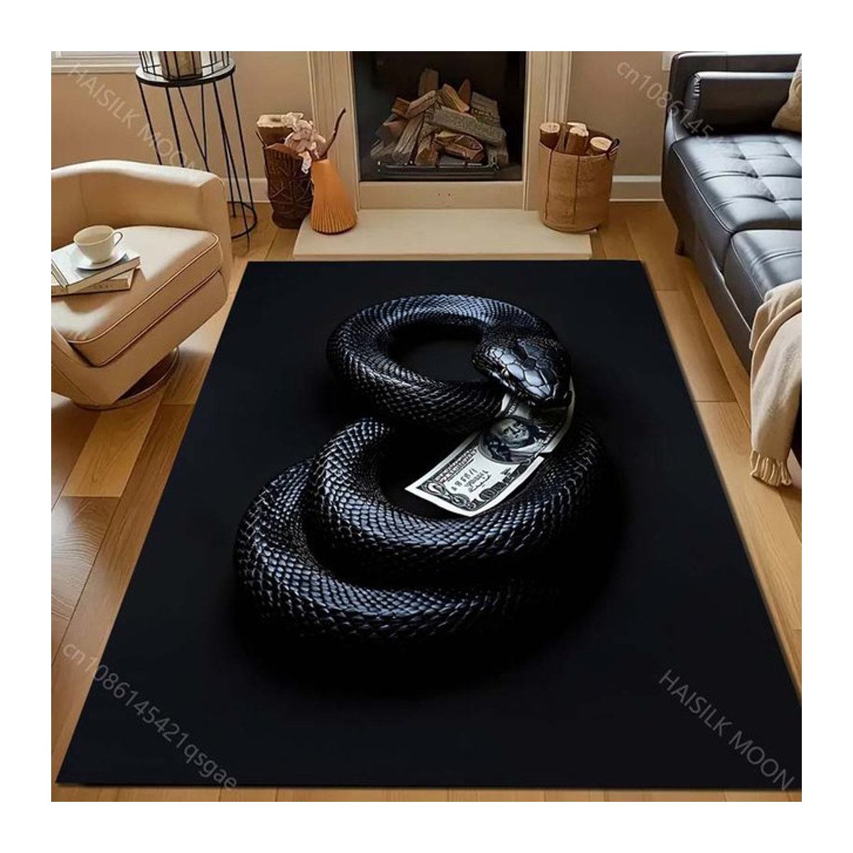 UQIDEHOME Druckteppich mit Schlangen- und Gelddruck in Schwarz, Bodenmatte für Wohnzimmer und Schlafzimmer, B/T: 60 x 40 cm - Bild 1