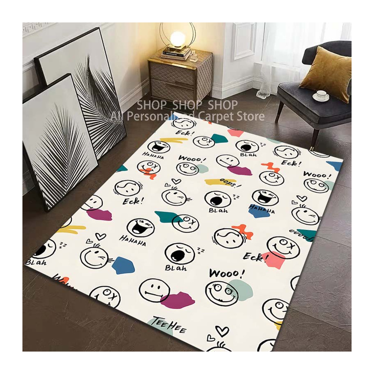 UQIDEHOME Kreativer Teppich mit Smiley-Gesichtsmuster, Rutschfeste Bodenmatte für Wohnzimmer und Schlafzimmer, B/T: 80 x 50 cm - Bild 2