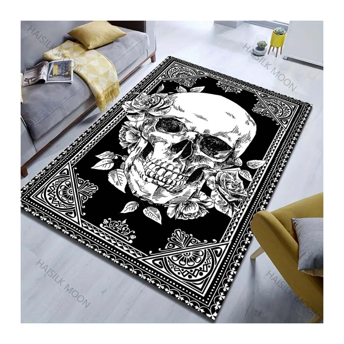 UQIDEHOME Kunstdruck Teppich mit Schädel-Motiv in Schwarz-Weiß, B/T: 60 x 40 cm - Bild 2