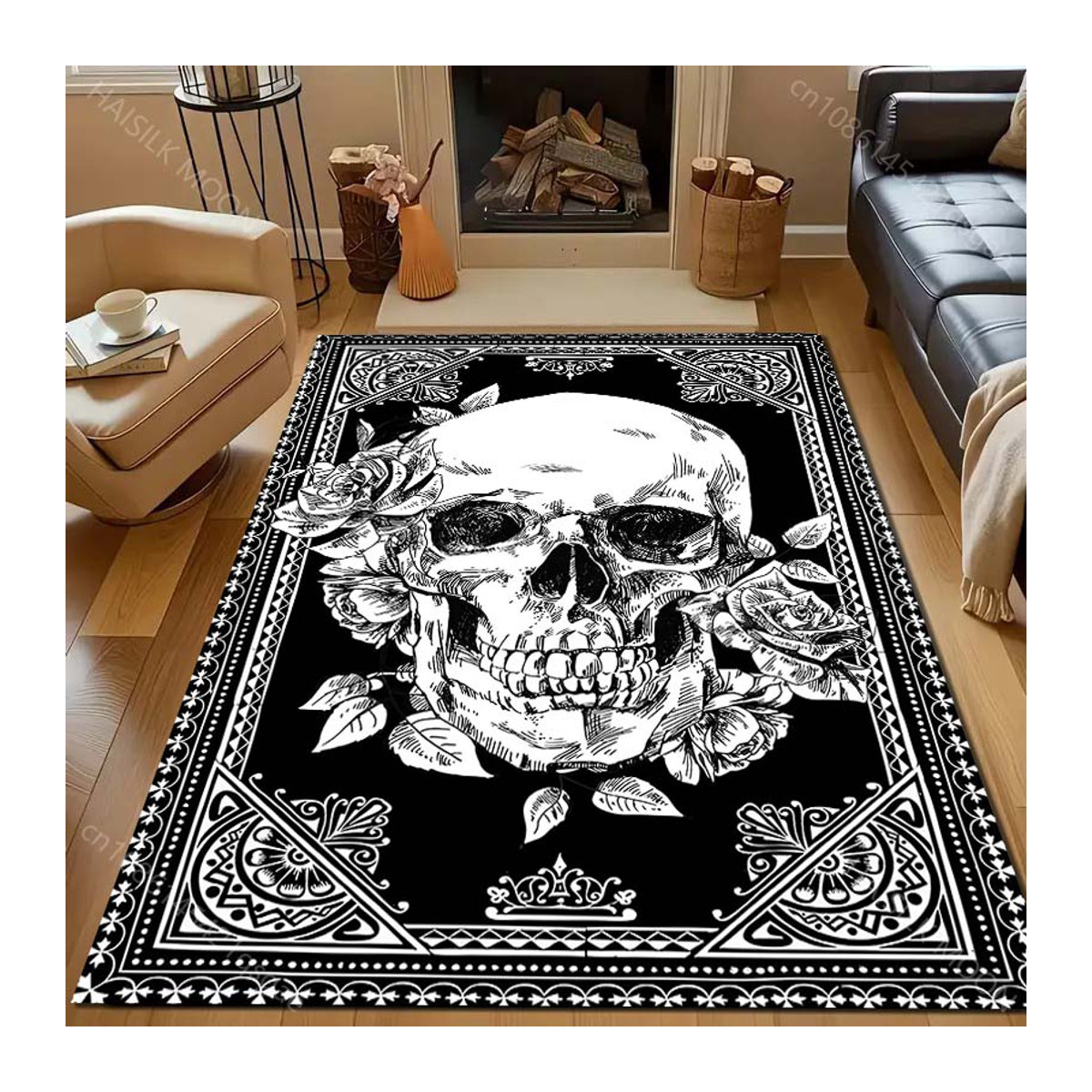 UQIDEHOME Kunstdruck Teppich mit Schädel-Motiv in Schwarz-Weiß, B/T: 60 x 40 cm - Bild 3