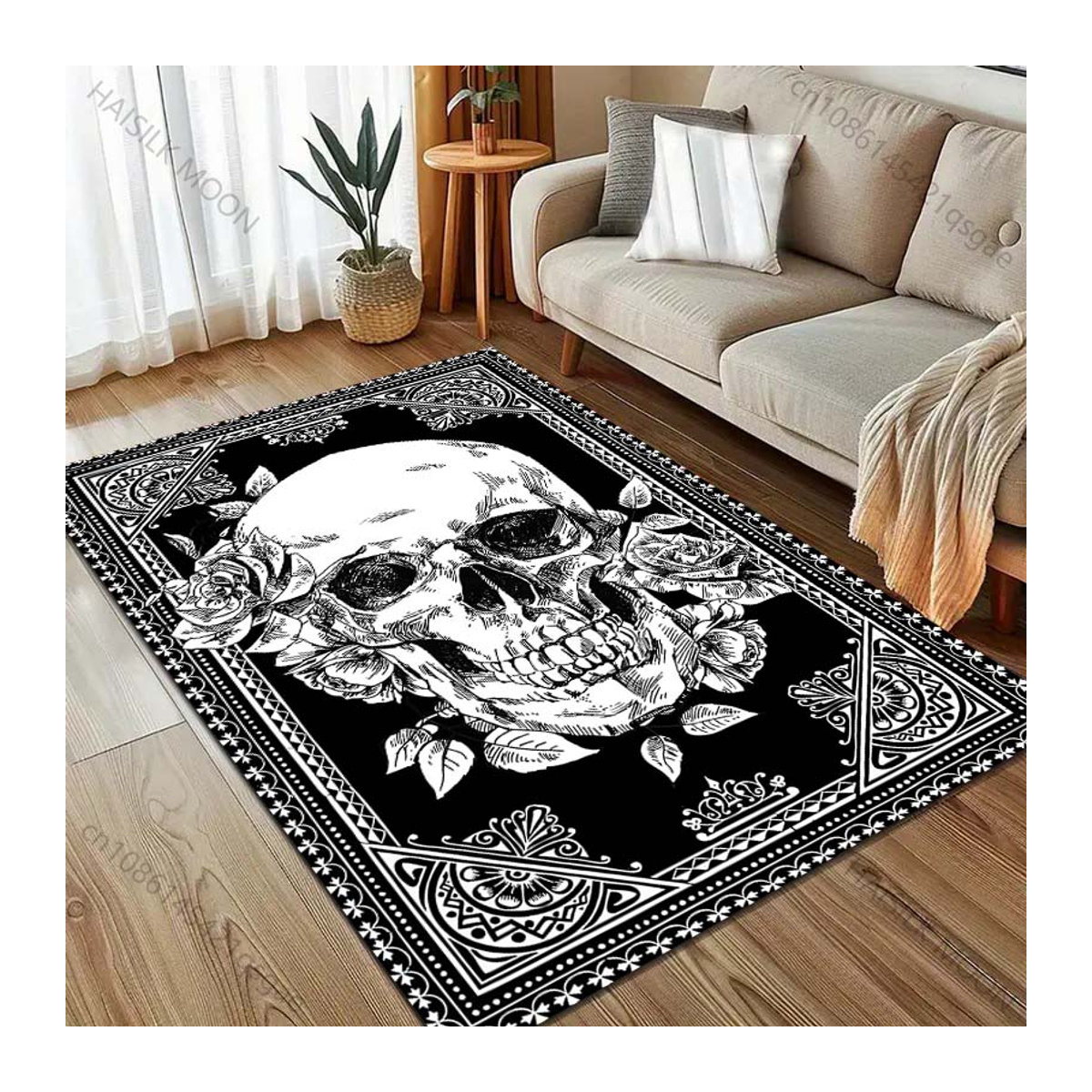UQIDEHOME Kunstdruck Teppich mit Schädel-Motiv in Schwarz-Weiß, B/T: 60 x 40 cm - Bild 4