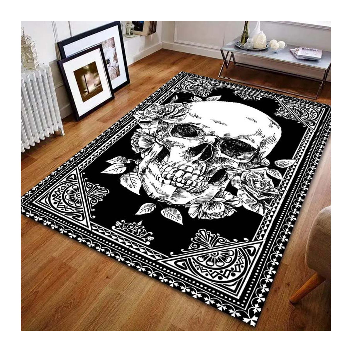 UQIDEHOME Kunstdruck Teppich mit Schädel-Motiv in Schwarz-Weiß, B/T: 60 x 40 cm - Bild 5