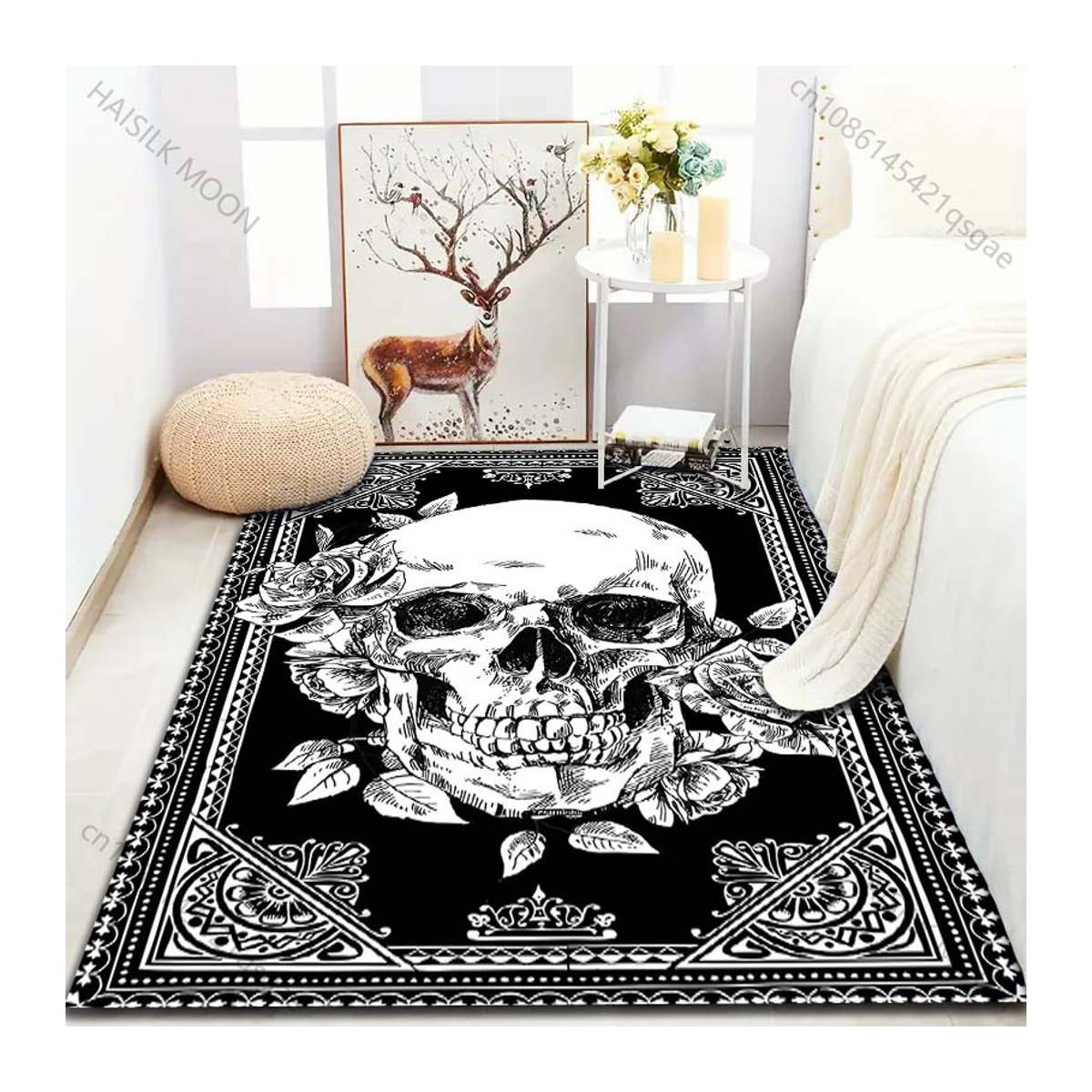 UQIDEHOME Kunstdruck Teppich mit Schädel-Motiv in Schwarz-Weiß, B/T: 60 x 40 cm - Bild 6