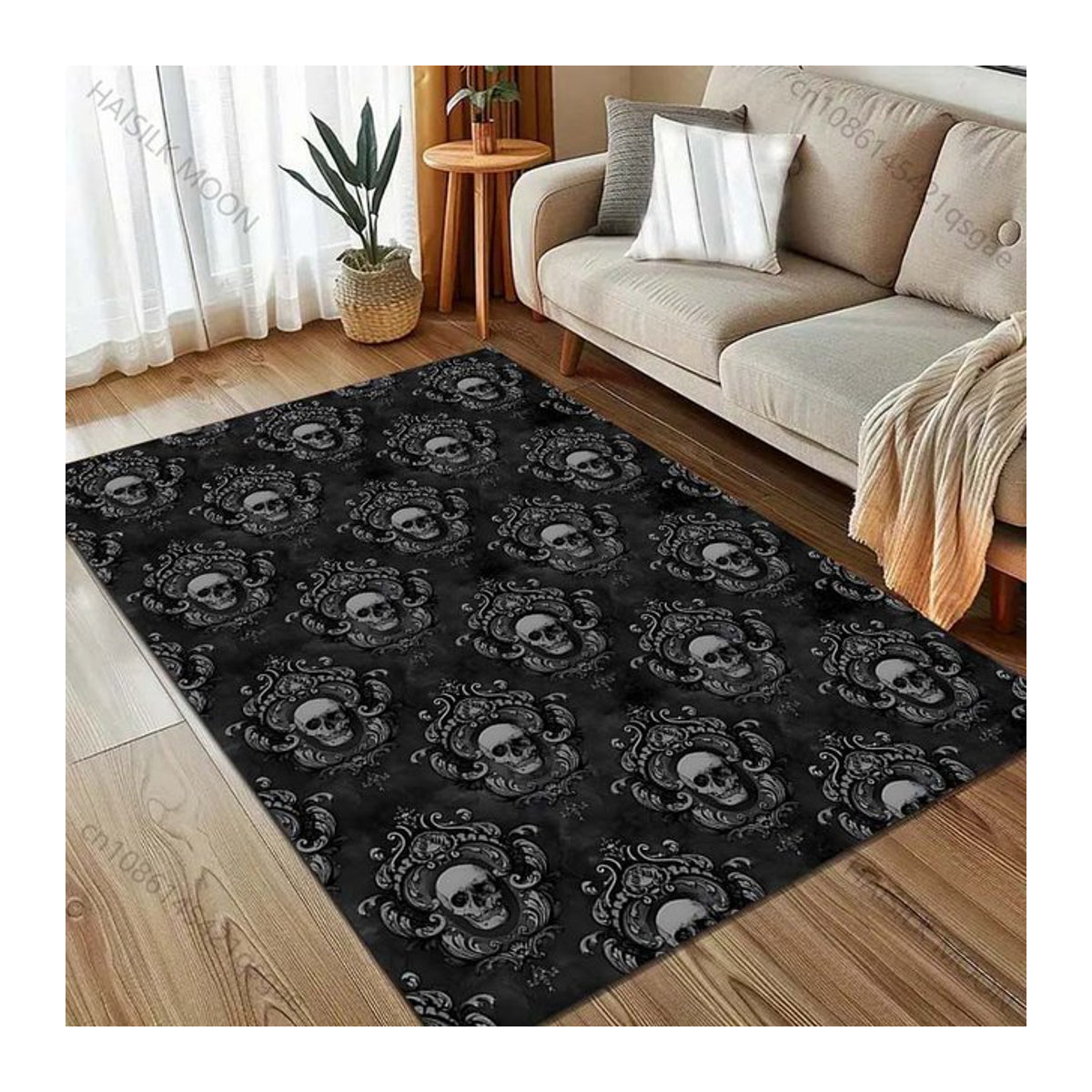 UQIDEHOME Retro-Teppich mit Schädelmuster in Schwarz, maschinenwaschbar, B/T: 60 x 40 cm - Bild 1