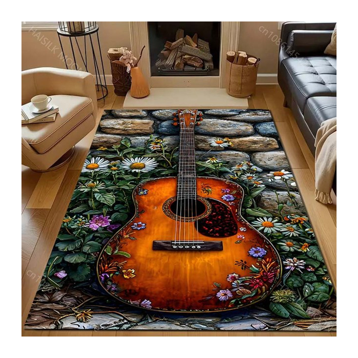 UQIDEHOME Teppich mit Gänseblümchen und Gitarrenmuster für Wohnzimmer und Schlafzimmer, B/T: 60 x 40 cm - Bild 1