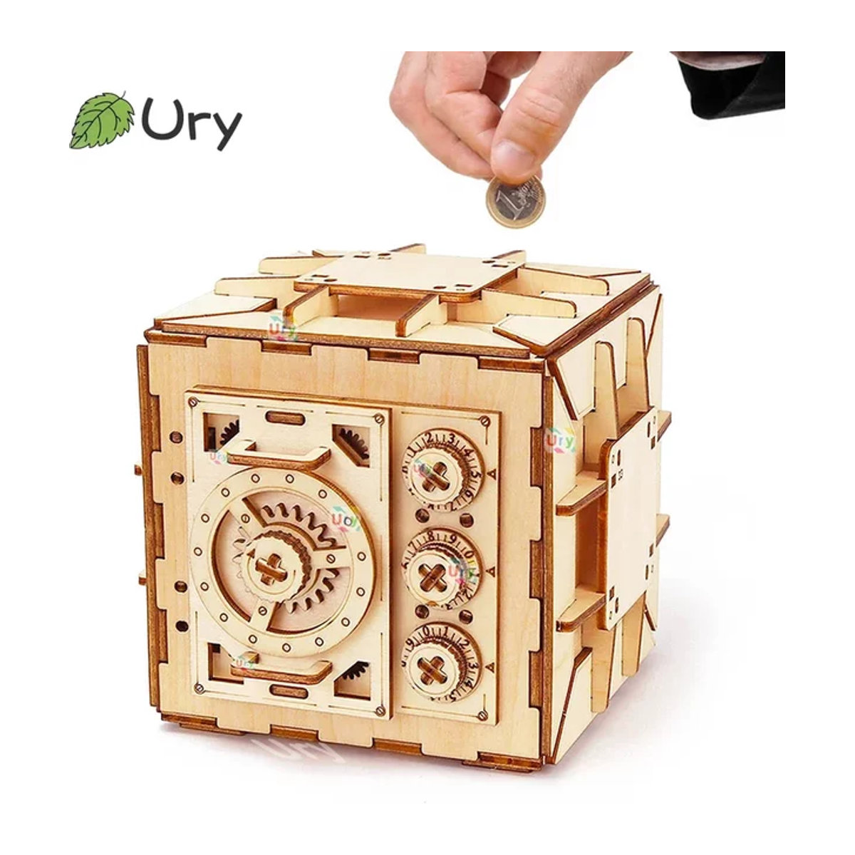 URY 3D Holzpuzzle Passwort-Schatztruhe Spardose DIY Montagemodell in Braun - Bild 1