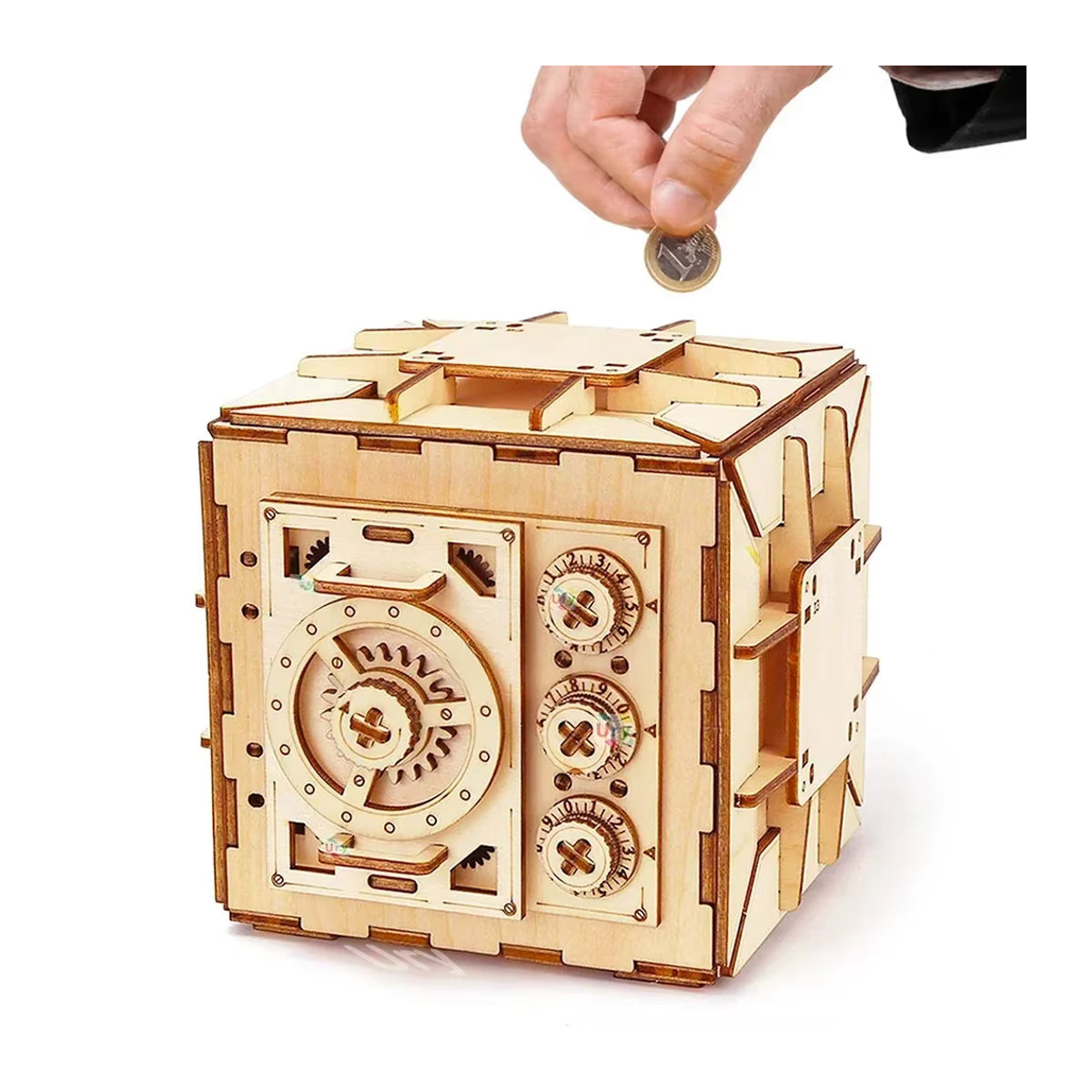 URY 3D Holzpuzzle Passwort-Schatztruhe Spardose DIY Montagemodell in Braun - Bild 7
