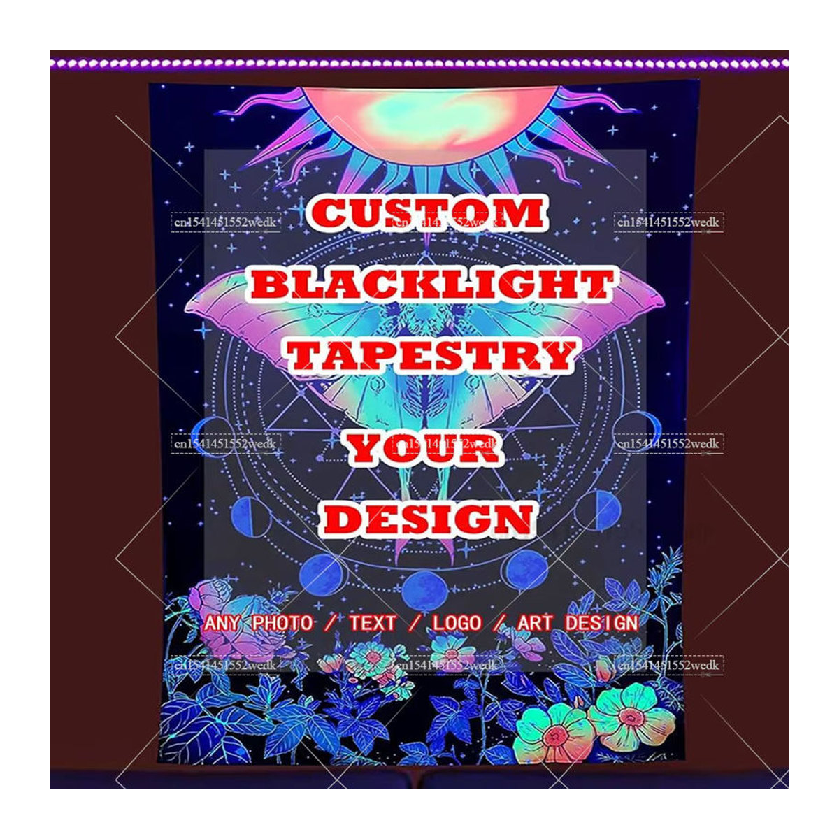 UV-reaktive Wandtapisserie mit Schmetterlings-Landschaft in Mehrfarbig, hängende Textil-Wanddekoration im abstrakten Design für Blacklight-Effekte - Bild 2