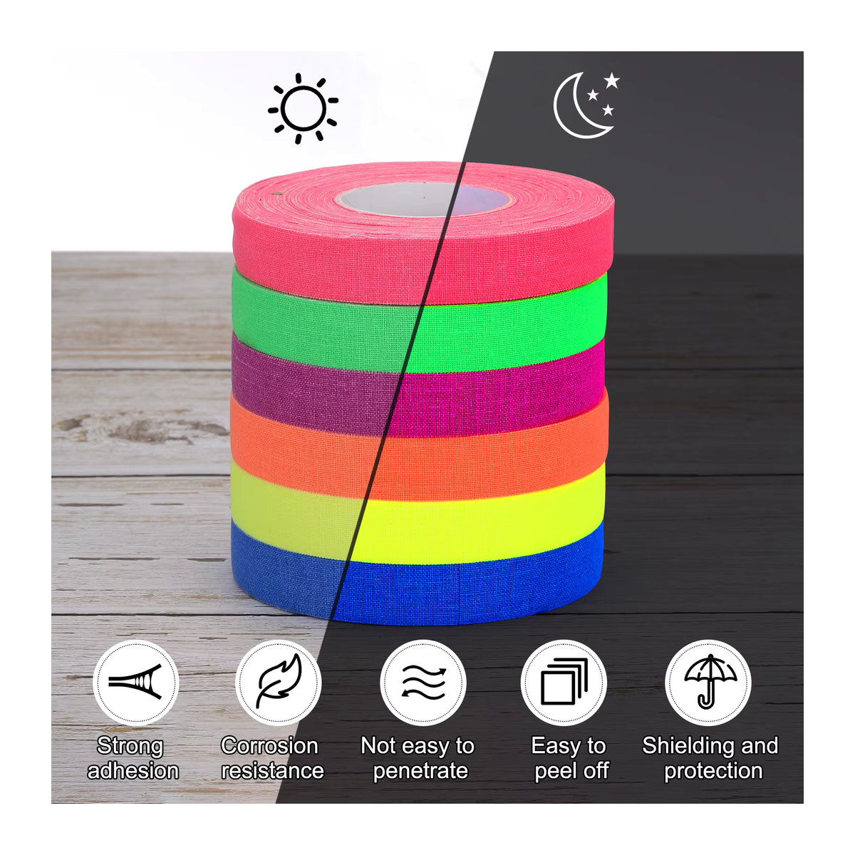 UXCELL Neon-Gafferband Set aus 6 Rollen, mehrfarbiges fluoreszierendes UV-Schwarzlicht-Leuchtband für Partys - Bild 3
