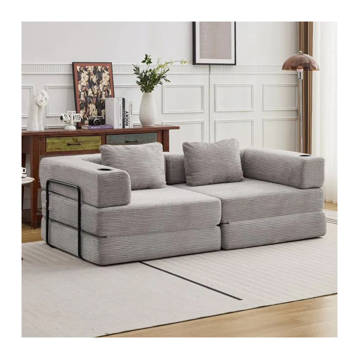 Vankel 2-Sitzer Schlafsofa aus Cord in Grau, modernes konvertierbares Bodensofa ohne Montagebedarf - Bild 1